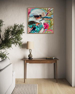 Tropical kookaburra  - 60x60 cm - original on Belgian linen