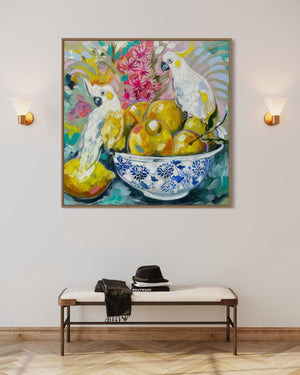 Tutti Fruiti Cockatoos -original on Belgian linen   - 90x90 Cm