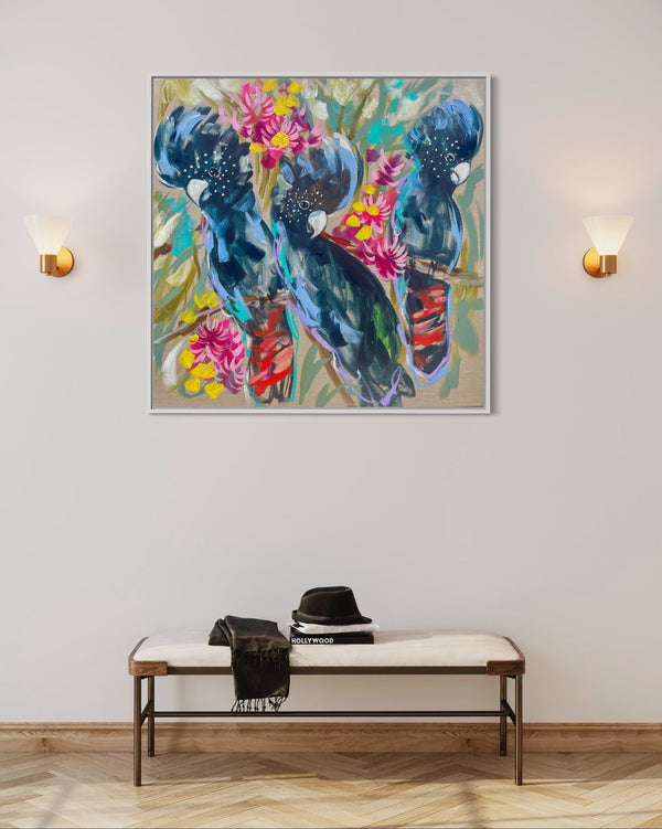 Red tailed black cockatoos - 76x76 cm - original on Belgian linen