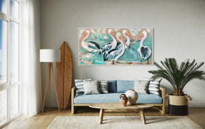 River house pelicans-  Original on Belgian linen  75x150 Cm