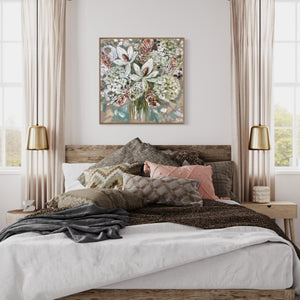 Delicate magnolia and bush blooms - 76x76cm -original on Belgian linen