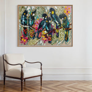 Forest Party Cockatoos -Original on Belgian linen  90x120  Cm