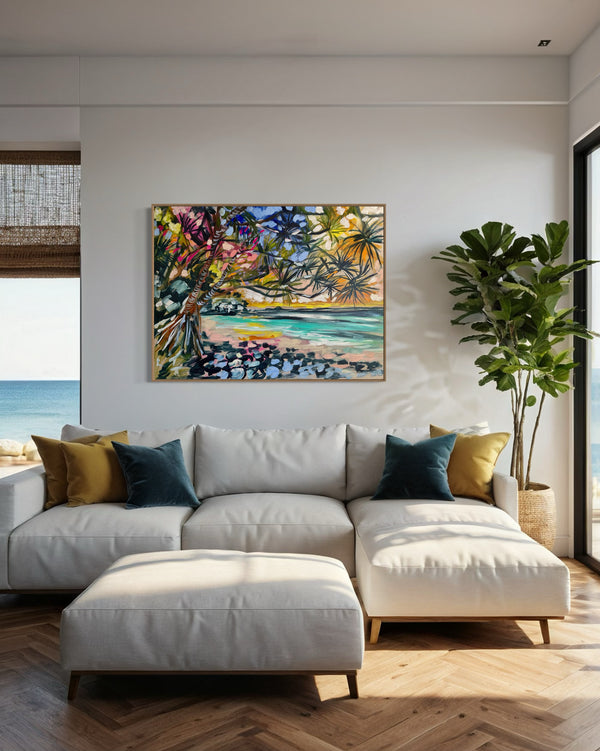 Glowing sunset - little cove - noosa - original on Belgian linen 75x100  cm