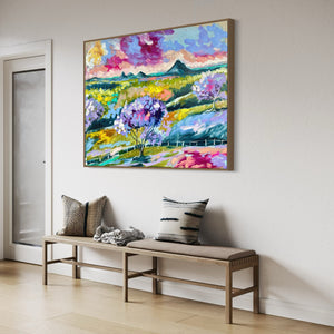 Lilac glow- glass house mountains  -Original on Belgian linen 90x120  Cm