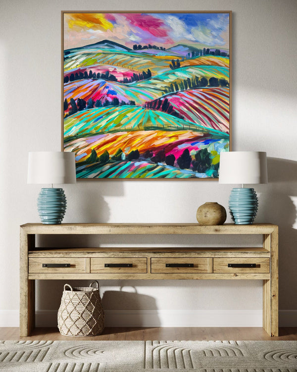 Home in the hills -original on Belgian linen   - 90x90 Cm
