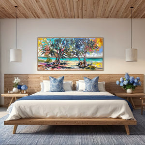 Morning Glow - laguna bay Original on belgian linen 75x150 cm