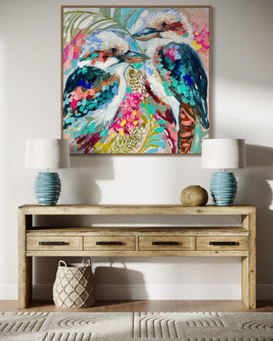Tropical kookaburra and banksia -original on Belgian linen   - 90x90 Cm