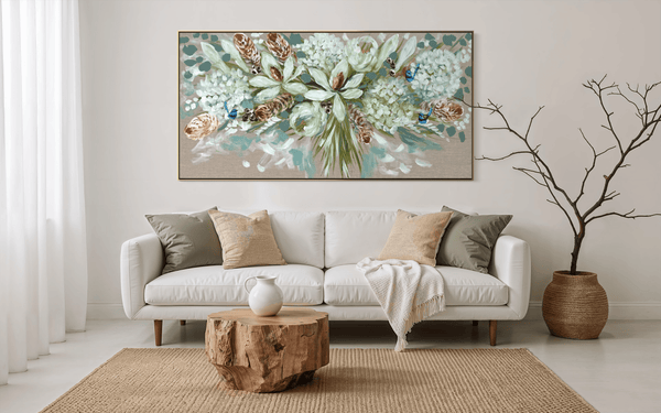 Elegant white Blooms and banksia  - Original on Belgian linen  75x150 Cm