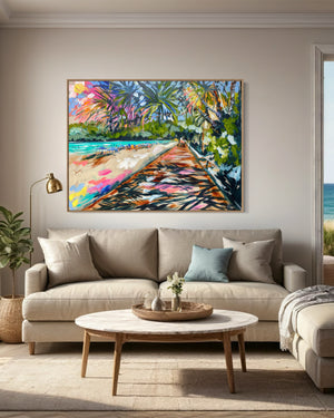 Shady Pandanus Palms - Noosa boardwalk- Original on Belgian linen 90x120  Cm