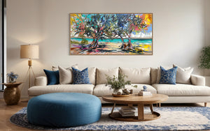 Morning Glow - laguna bay Original on belgian linen 75x150 cm