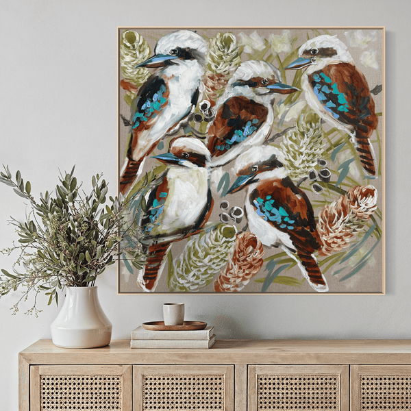 Kookaburra family -Original on Belgian 90x90 cm