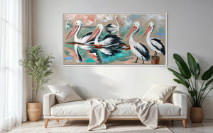 Party of five - pelicans - original on Belgian linen 75 x150 cm