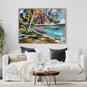 Sunday Strolls - Gympie Terrace - Noosa River -Original on Belgian linen  90x120  Cm