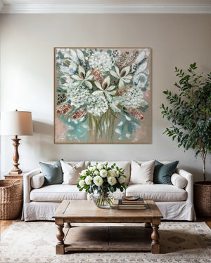 Summer  white blooms and banksia -Original on Belgian linen 120x120 cm