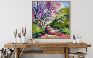 Jacaranda season - 76x76 cm - original on Belgian linen - lay by welcome