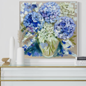 Powder blue Hydrangea- 76x76 cm - original on Belgian linen - lay by welcome