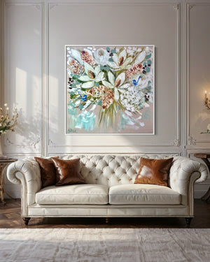 White fragrant bouquet and banksia   - Original on Belgian linen 90x90cm