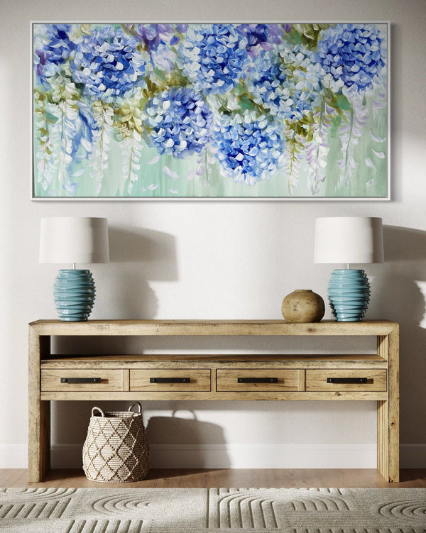 Hamptons hydrangea and wisteria -Original on gallery canvas 75x150 cm