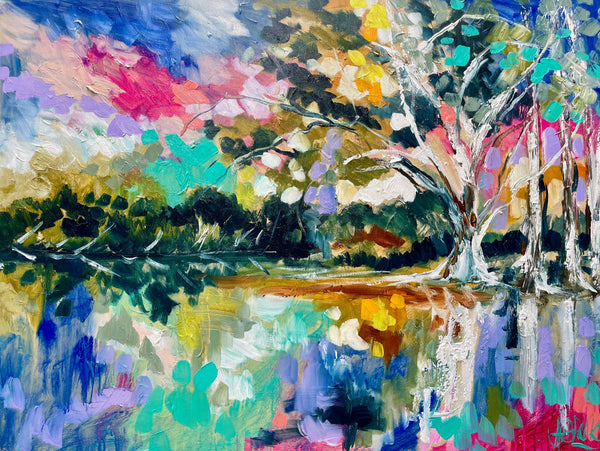 Dappled light and river gums -Original on Belgian linen  90x120  Cm