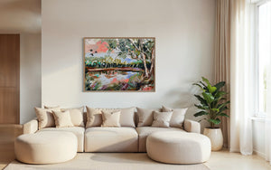 Black cockatoos at the billabong-original on belgian linen - 75x100 Cm