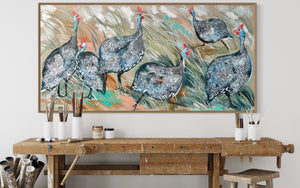 Guinea fowls foraging- Original on Belgian linen  75x150 Cm