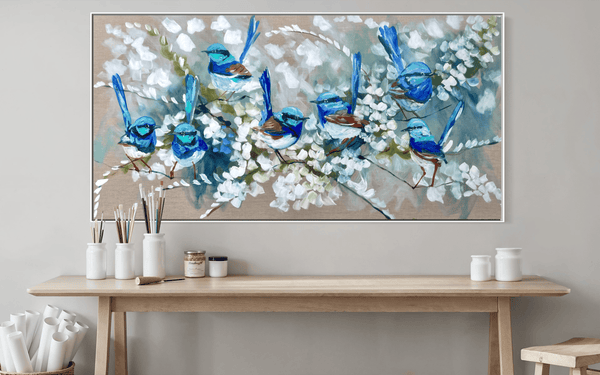 blue wrens and white blossoms- Original on Belgian linen  75x150 Cm