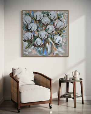 Aussie cotton , wheat and willy wagtails -original on belgian linen  - 90x90 Cm
