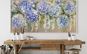 Cascading hydrangea and wisteria - Original on Belgian linen  75x150 Cm