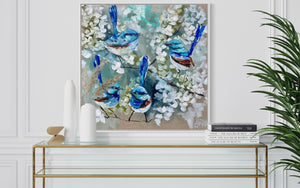 Petite wrens and cherry blossoms  - 76x76 cm - original on Belgian linen