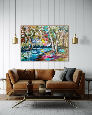 Dappled light and river gums -Original on Belgian linen  90x120  Cm