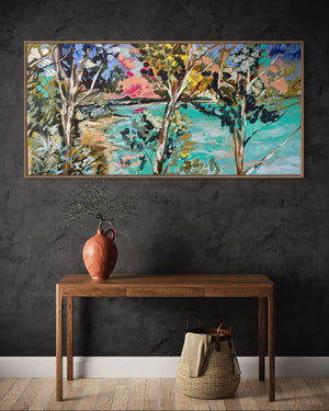 Morning light - little cove  noosa - original on Belgian linen 75 x150 cm