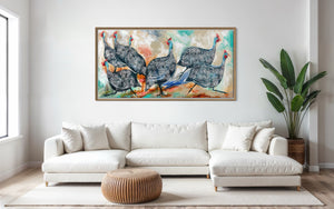 Guinea fowl gathering -Original on gallery canvas  75x150 cm