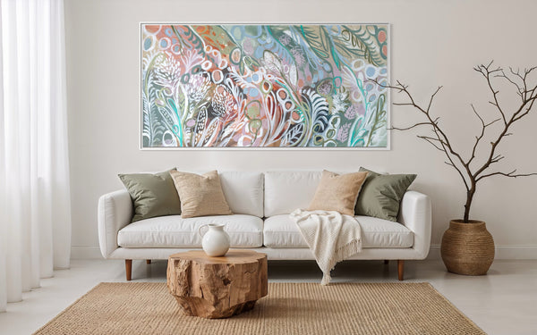 Delicate seed pods and silky Waratahs  -original on gallery Canvas 90x180cm