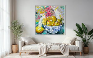 Tutti Fruiti Cockatoos -original on Belgian linen   - 90x90 Cm