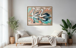 Pelicans at Sunset - original on Belgian linen  - 75x100 Cm