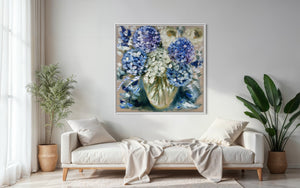 Powder blue hydrangeas - Original on Belgian linen 90x90cm