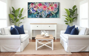 Moonlit peony and hydrangea -Original on gallery canvas 75x150 cm