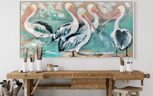 River house pelicans-  Original on Belgian linen  75x150 Cm