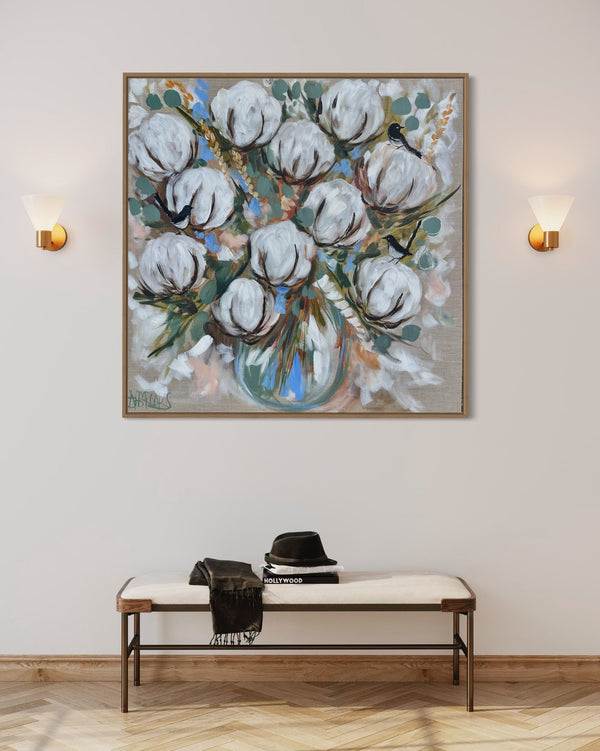 Aussie cotton , wheat and willy wagtails -original on belgian linen  - 90x90 Cm