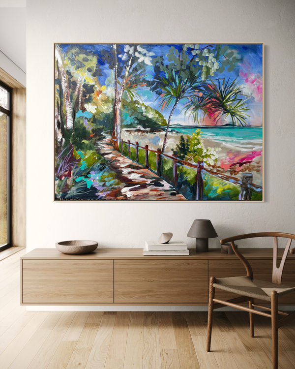 Blue skies - Tea tree bay - noosa -Original on Belgian linen  90x120 cm