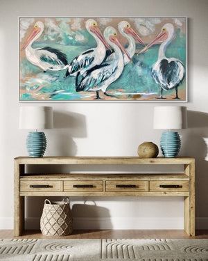 River house pelicans-  Original on Belgian linen  75x150 Cm