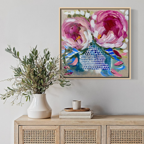 Peony vase 4- original on Belgian linen- 30x30 cm