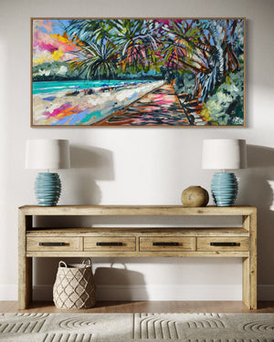 Summertime Boardwalk - Noosa - original on Belgian linen 75 x150 cm