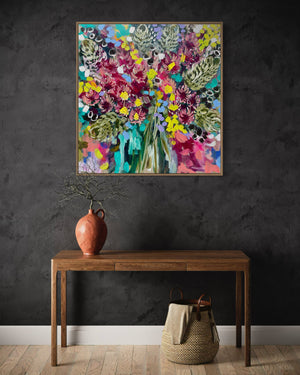 Eucalyptus , banksia and wattle blooms - 76x76cm -original on Belgian linen