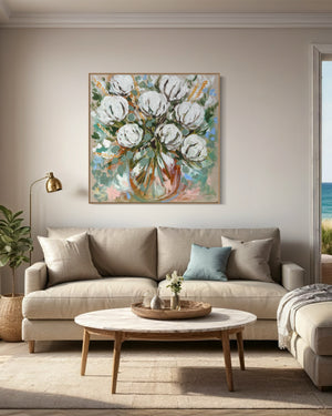 Australian wheat and cotton blooms-original on belgian linen  - 90x90 Cm