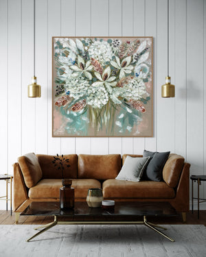 Summer  white blooms and banksia -Original on Belgian linen 120x120 cm