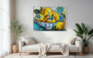 Lemon delight and blue wrens  -Original on Belgian linen 75x100  Cm