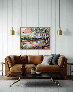 Black cockatoos at the billabong-original on belgian linen - 75x100 Cm