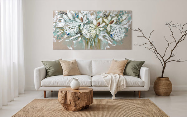 Flowering magnolia and blue wrens -Original on belgian linen 75x150 cm