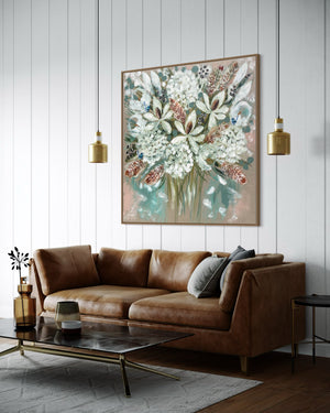 Summer  white blooms and banksia -Original on Belgian linen 120x120 cm